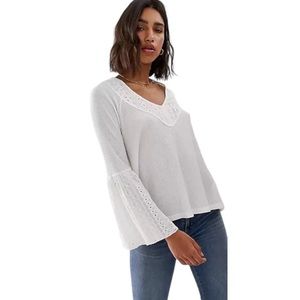 Free People White Eyelet V-Neck Long Sleeve Blouse